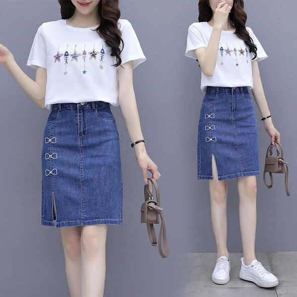 Ikdienas sieviešu komplekts no T-krekla un džinsa svārkiem ar šķēlumu