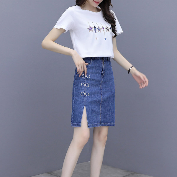 Ikdienas sieviešu komplekts no T-krekla un džinsa svārkiem ar šķēlumu