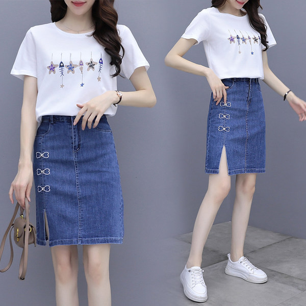 Ikdienas sieviešu komplekts no T-krekla un džinsa svārkiem ar šķēlumu