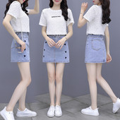 Uue mudeli suvine naiste pluusikomplekt ümara kaelusega ja lühikese teksaseelikuga