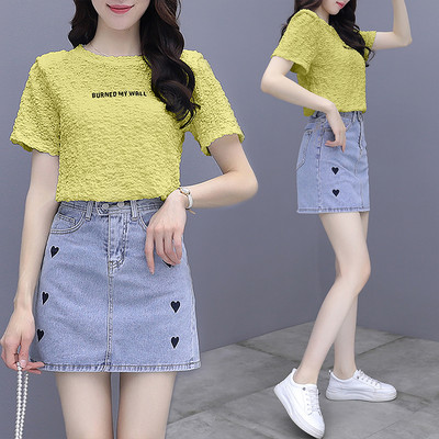 Uue mudeli suvine naiste pluusikomplekt ümara kaelusega ja lühikese teksaseelikuga