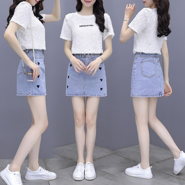 Uue mudeli suvine naiste pluusikomplekt ümara kaelusega ja lühikese teksaseelikuga