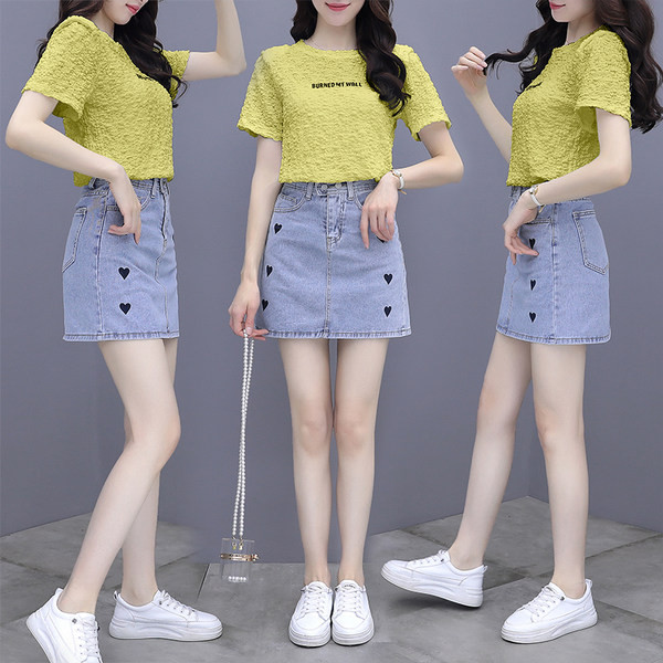 Uue mudeli suvine naiste pluusikomplekt ümara kaelusega ja lühikese teksaseelikuga