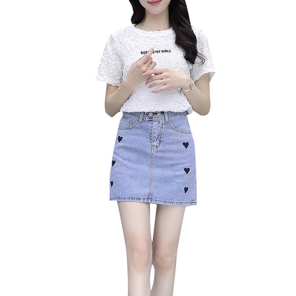 Uue mudeli suvine naiste pluusikomplekt ümara kaelusega ja lühikese teksaseelikuga