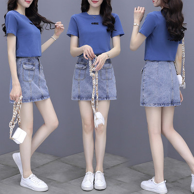 Suvine naiste komplekt T-särgist ja lühikesest teksaseelikust - kolm värvi