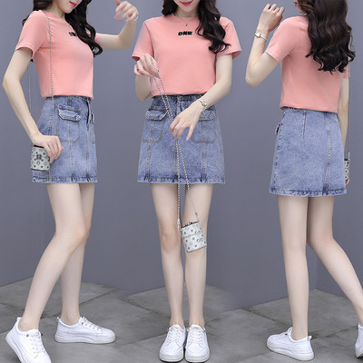 Suvine naiste komplekt T-särgist ja lühikesest teksaseelikust - kolm värvi