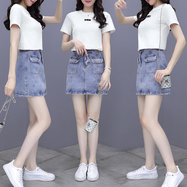 Suvine naiste komplekt T-särgist ja lühikesest teksaseelikust - kolm värvi