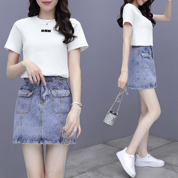 Suvine naiste komplekt T-särgist ja lühikesest teksaseelikust - kolm värvi