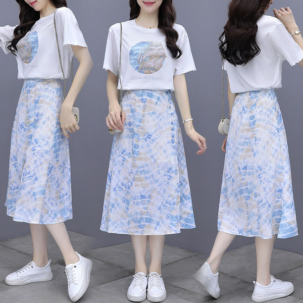 Naiste igapäevane T-särgi ja värvilise seeliku komplekt