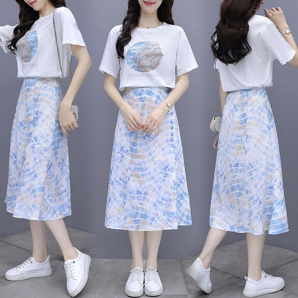 Naiste igapäevane T-särgi ja värvilise seeliku komplekt