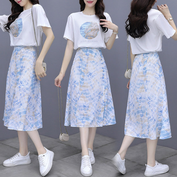 Naiste igapäevane T-särgi ja värvilise seeliku komplekt