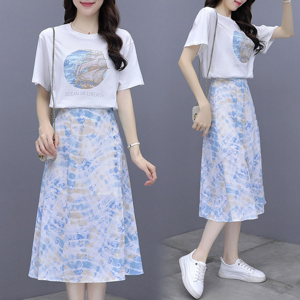 Naiste igapäevane T-särgi ja värvilise seeliku komplekt