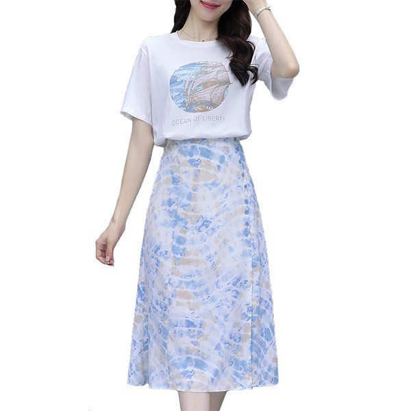 Naiste igapäevane T-särgi ja värvilise seeliku komplekt