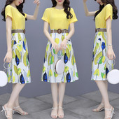 Naiste suvine komplekt kaheosalisest kõrge vöökohaga seelikust ja lühikeste varrukatega T-särgist