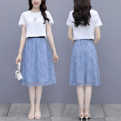 Uue mudeli kaheosaline naiste komplekt - lühikeste varrukatega T-särk ja seelik