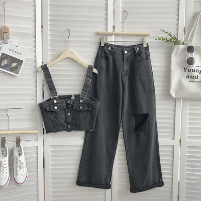 Μοντέρνα γυναικεία τζιν σετ με κουμπιά