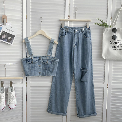 Μοντέρνα γυναικεία τζιν σετ με κουμπιά