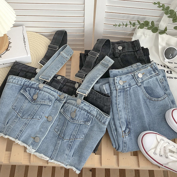 Μοντέρνα γυναικεία τζιν σετ με κουμπιά