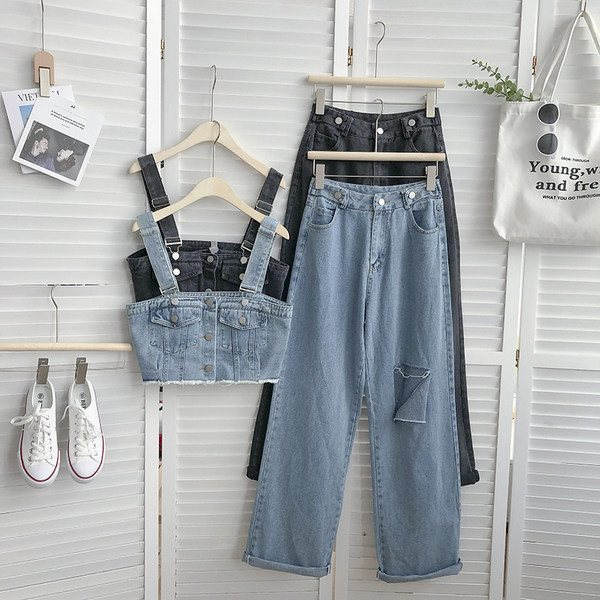 Μοντέρνα γυναικεία τζιν σετ με κουμπιά