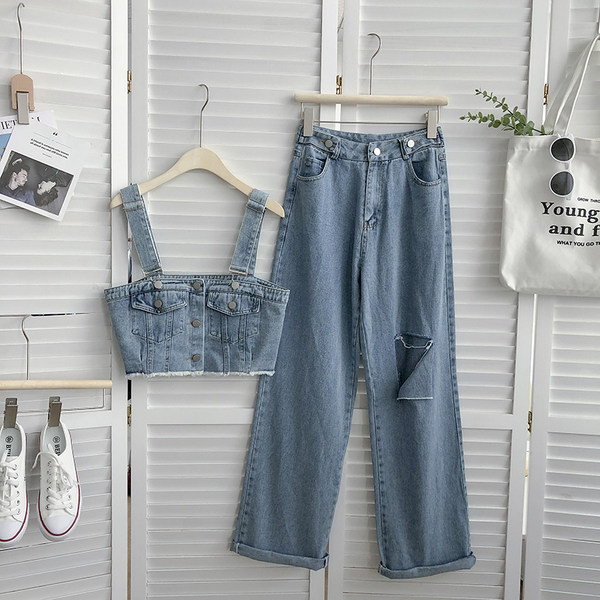 Μοντέρνα γυναικεία τζιν σετ με κουμπιά