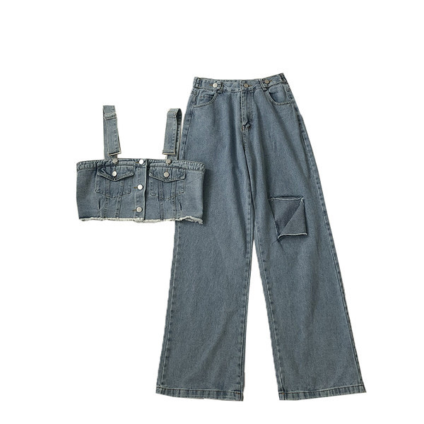 Μοντέρνα γυναικεία τζιν σετ με κουμπιά