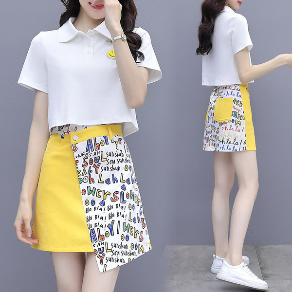 Naiste vabaaja komplekt krae ja lühikese seelikuga pluusist