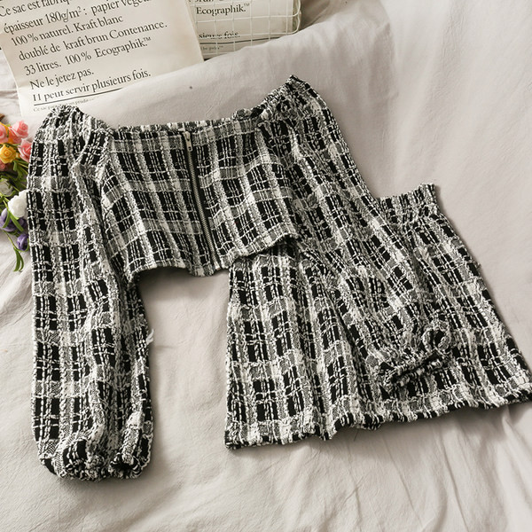 Ruuduline naiste komplekt-pluus ja seelik