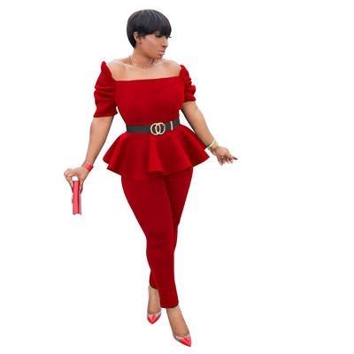 Naiste komplekt kaheosalisest kandilise kaelusega pluusi ja liibuvate pükstega