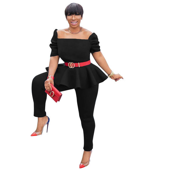 Naiste komplekt kaheosalisest kandilise kaelusega pluusi ja liibuvate pükstega