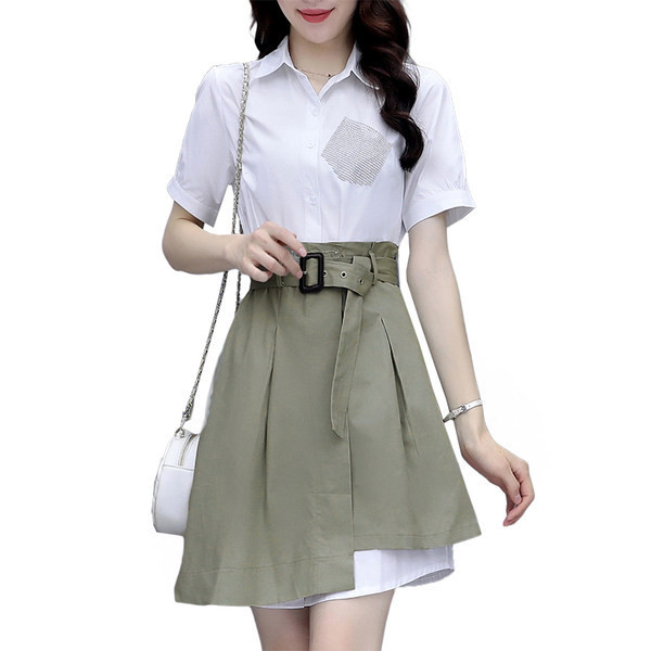 Új modell kétrészes ingből és rövid aszimmetrikus szoknyából álló női szett