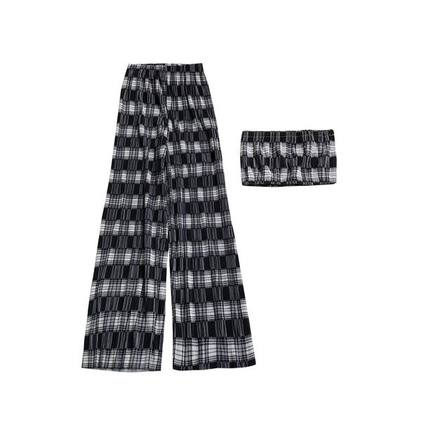 Rinnakamate ja laiade ruuduliste pükstega naiste komplekt