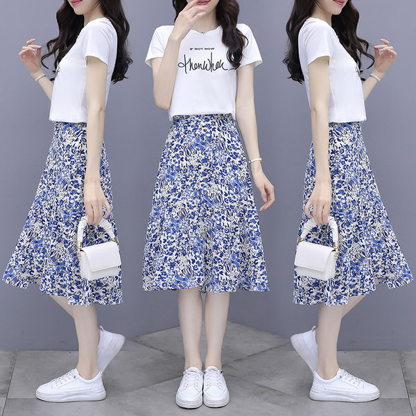 Casual naiste T-särkide komplekt ümara kaelusega ja seelikuga