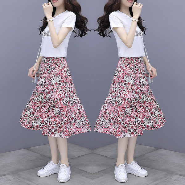 Casual naiste T-särkide komplekt ümara kaelusega ja seelikuga