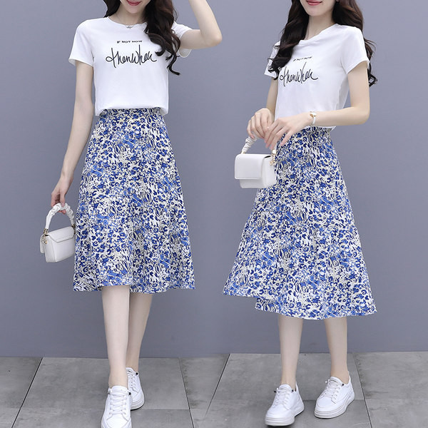 Casual naiste T-särkide komplekt ümara kaelusega ja seelikuga