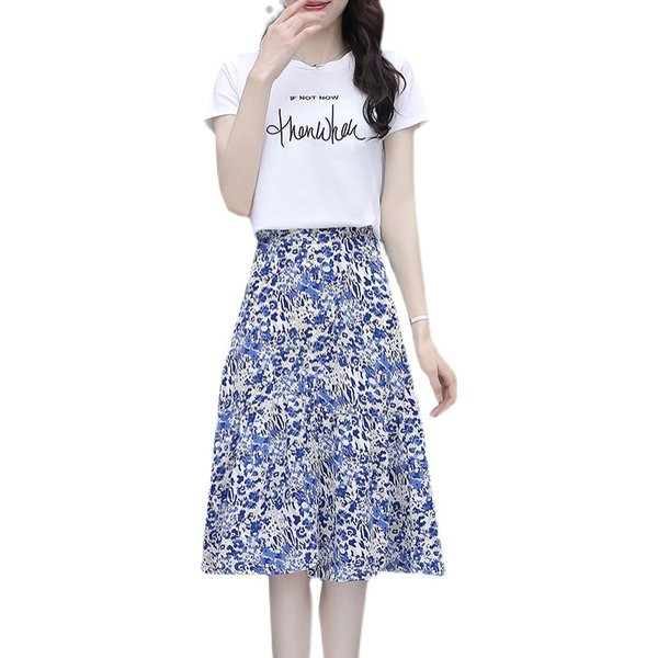 Casual naiste T-särkide komplekt ümara kaelusega ja seelikuga