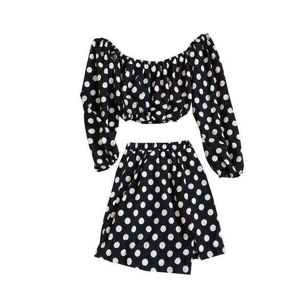 Női szett blúz leesett váll és magas derékú szoknya