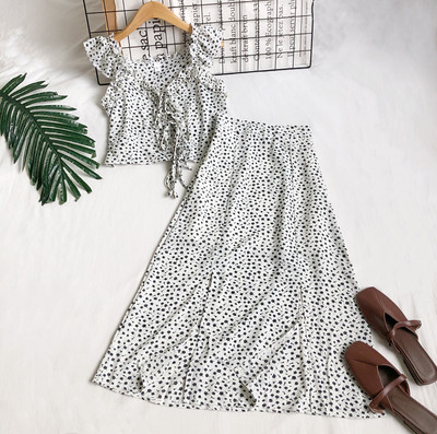 Naiste komplekt lühike pluus V-kaelusega ja pika seelikuga