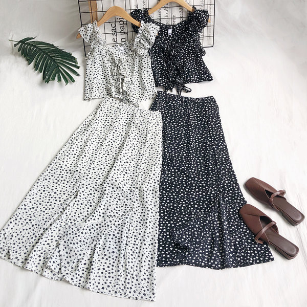 Naiste komplekt lühike pluus V-kaelusega ja pika seelikuga