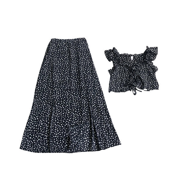 Naiste komplekt lühike pluus V-kaelusega ja pika seelikuga