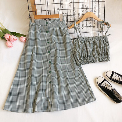 Naiste kaheosaline ruuduline komplekt topi ja pika seelikuga