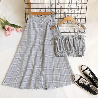 Naiste kaheosaline ruuduline komplekt topi ja pika seelikuga