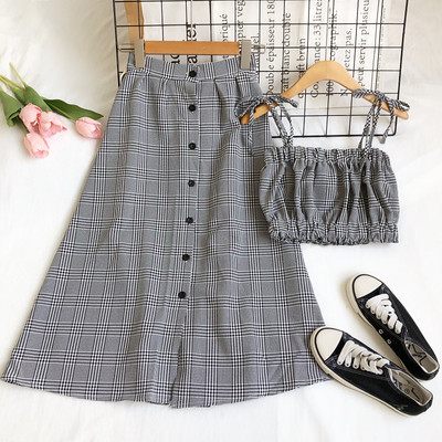 Naiste kaheosaline ruuduline komplekt topi ja pika seelikuga