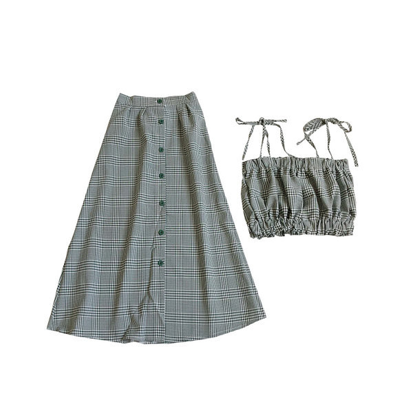 Naiste kaheosaline ruuduline komplekt topi ja pika seelikuga