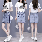 Ikdienas sieviešu t-kreklu komplekts ar aplikācijām un džinsa svārkiem