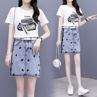 Ikdienas sieviešu t-kreklu komplekts ar aplikācijām un džinsa svārkiem