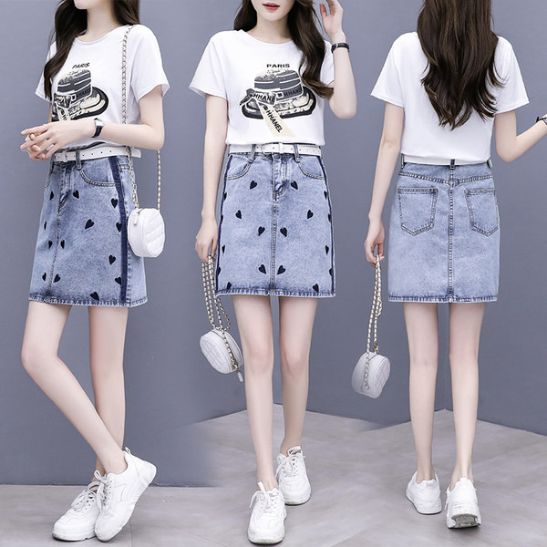 Alkalmi női póló szett rátéttel és farmerszoknyával