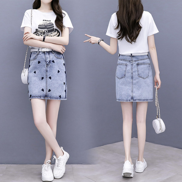 Alkalmi női póló szett rátéttel és farmerszoknyával