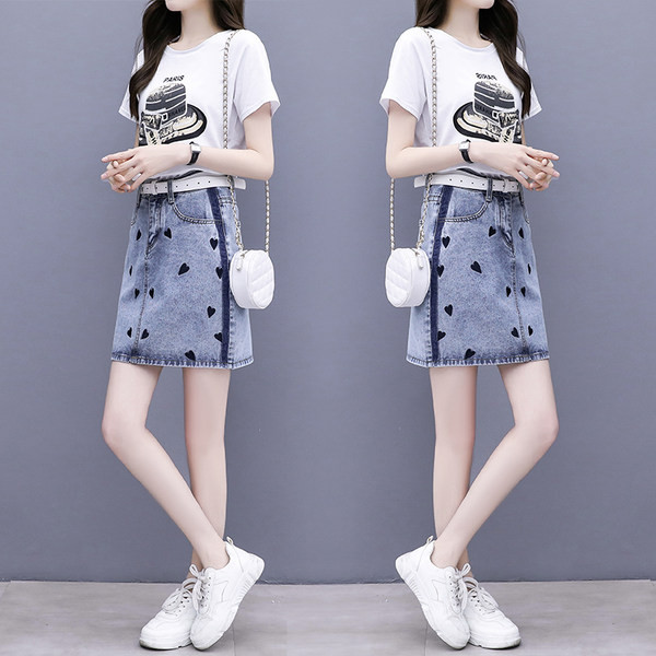 Alkalmi női póló szett rátéttel és farmerszoknyával