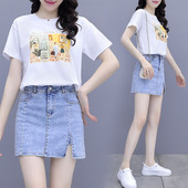 Jauna modeļa vasaras sieviešu t-kreklu komplekts ar aplikāciju un džinsa svārkiem