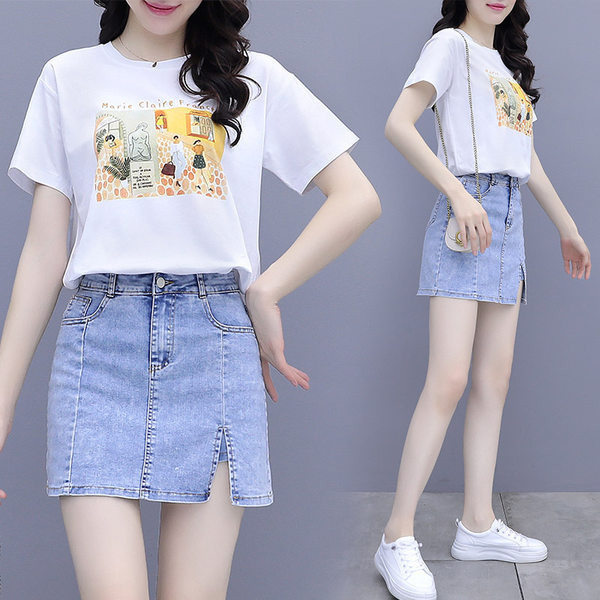 Jauna modeļa vasaras sieviešu t-kreklu komplekts ar aplikāciju un džinsa svārkiem